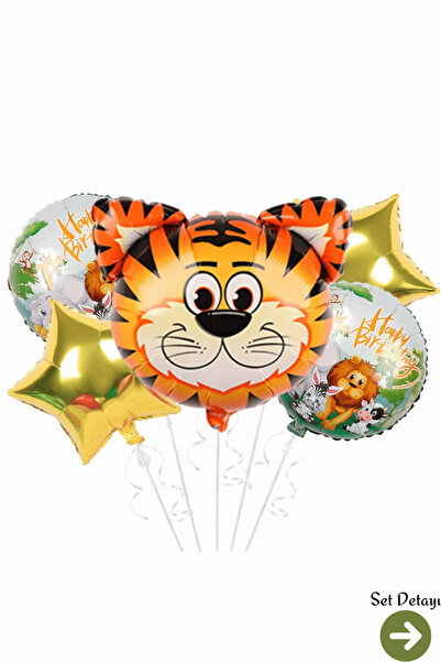 Bunloon Safari Temalı Kaplan Kafa Gold Yıldız Folyo Balon Seti Doğum Günü Par...