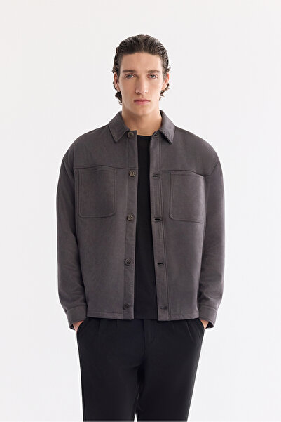 Avva Men's Anthracite Classic Collar Buttoned Side Pocket Suede Coat A61Y6003