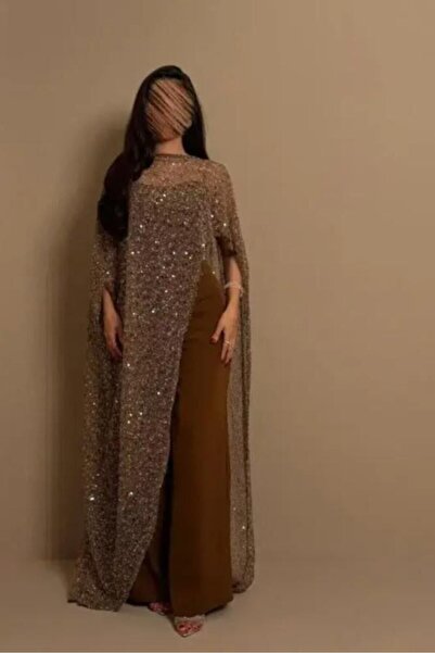 LAMSAT LATIN Stylish brown jumpsuit with a shiny, embroidered mesh cape