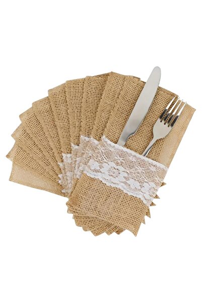 Arabest 10Pcs 11cm x 22cm Burlap Lace Cutlery Holder Bag Silverware Holder Kn...