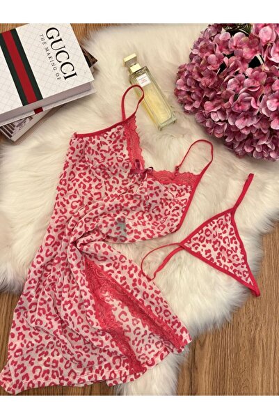 ohminishe Desenli Askılı Pembe Gecelik