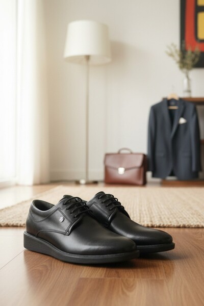 enoch حذاء إينوك رجالي كلاسيكي أسود من الجلد الطبيعي برباط (نعل خفيف)