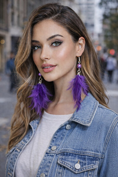 SYAZE أقراط من الريش الطبيعي الأرجواني - أقراط متدلية مزينة بالخرز