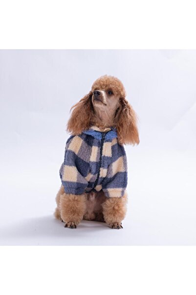 Pawstar Royal Mavi Chicago Checks v2 Ekose Desenli Düğmeli Köpek Ceketi Kalın Peluş Köpek Kıyafeti Kedi Kıya