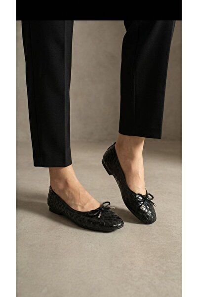 Beyond Women's Black Bowknot Knitted Patterned Ballerina Shoes 1cm Byndbtg01