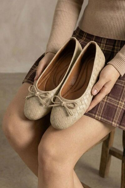 Beyond Women's Beige Bowknot Knitted Patterned Ballerina Shoes 1cm Byndbtg01
