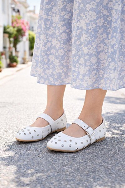 MODAONN Pantofi de balerină cu curele și cataramă cu pietre pentru femei