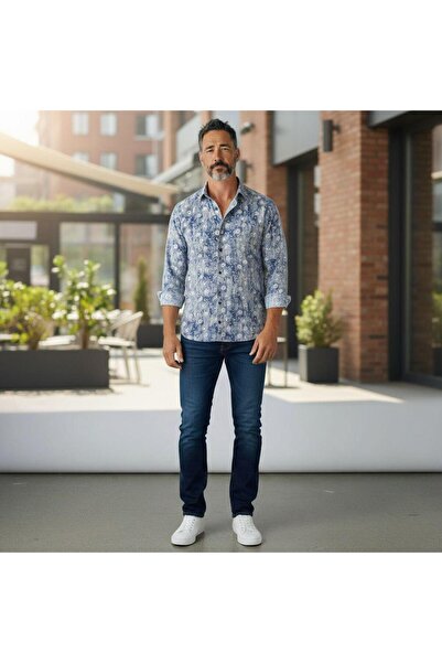 GÖMLEK GALERİSİ Slim Fit Digital Print Patterned Long Sleeve Men's Sports Shirt