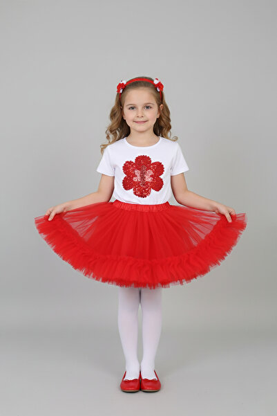 FATELLA Girl's Red Tutu Skirt and Embossed Floral T-Shirt Set October 29Th Ap...