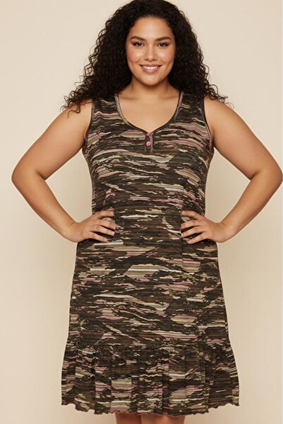 Flamingo Kadın Kamuflaj Desenli Pamuklu Sıfır Kol Eteği Fırfırlı Rahat Kalıp ...