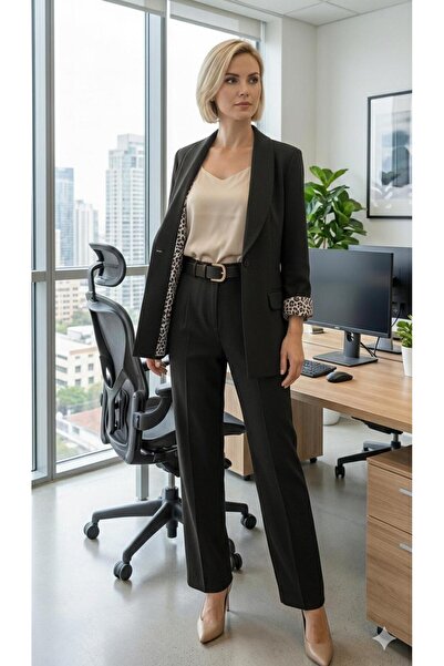 PNR WOMAN kadın takım elbise hürrem içi leopar astarlı blaze ceket atlas pant...