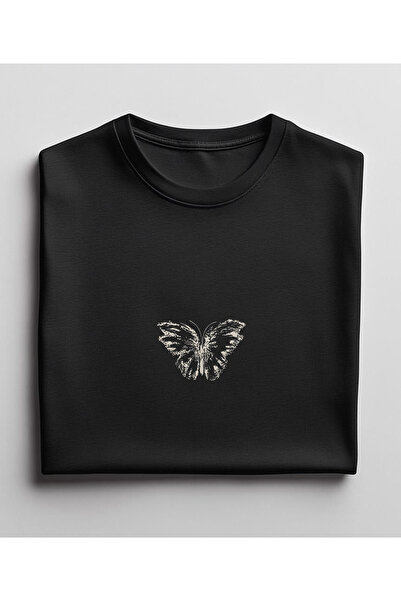 ASELİNDA Tricou din bumbac cu imprimeu fluturi și guler rotund / Tricou negru