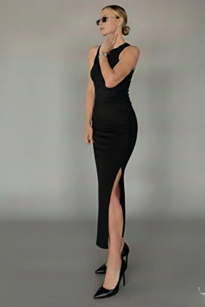 soft&basic Γυναικείο μαύρο φόρεμα από ύφασμα καμιζόλ με λαιμόκοψη και μακρύ μ...