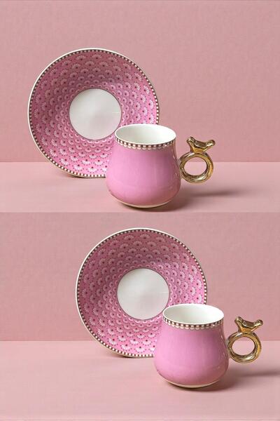 ALBETTO 6 Kişilik Pembe Kuş Detaylı Lüks Türk Kahvesi Fincanı - 90 ml