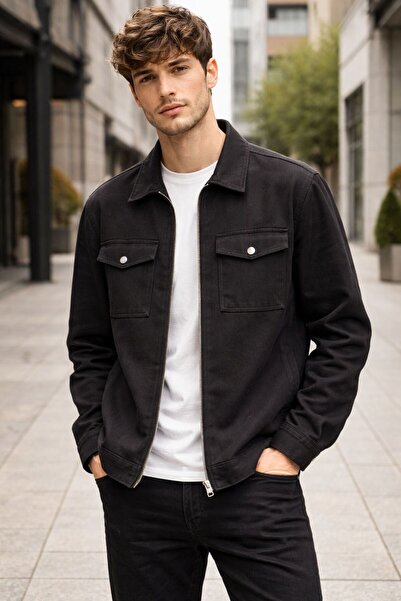 More Black Men's Collared Regular Gabardine Jacket