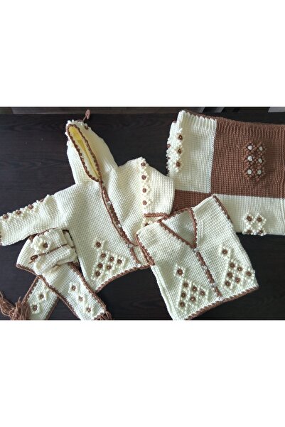 SENSSTEKSTİL 🌼   Hand Knitted 5-Piece Baby Set – Cardigan, Vest, Booties, Sc...