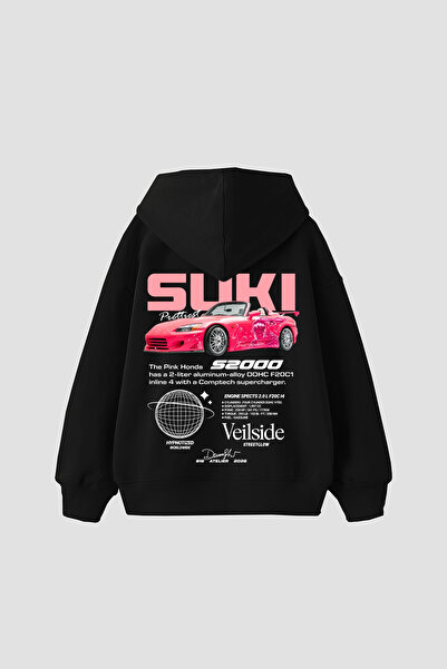 Sekizbiraltı Suki Printed Oversize Unisex Black Hoodie