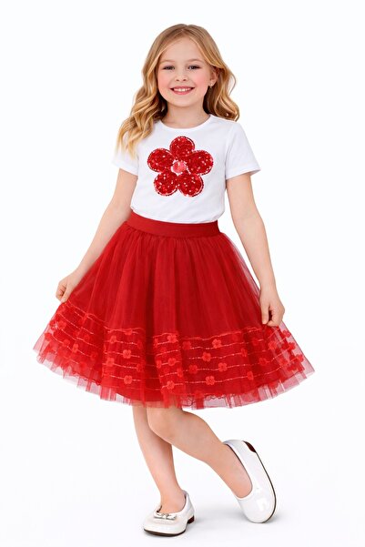 Nacar 23 Nisan 29 Ekim Gösteri Kıyafeti Kız Çocuk Payetli Çiçek Baskılı Tül E...