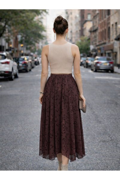 PERADO Flocked Printed Lined Asymmetrical Tulle Skirt with Elastic Waist, Brown