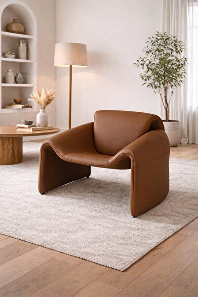 N.zone كرسي استرخاء جلد بني- كرسي لاونج بتصميم منحنيى لغرفة المعيشة (82 × 84 ...