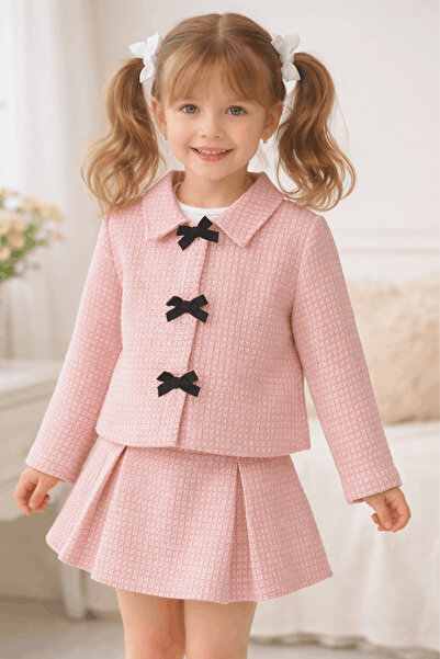 Turuncu Gardrop 4-8 Yaş Kareli Şort Etek Ceket Kız Çocuk Tüvit Takım Pembe