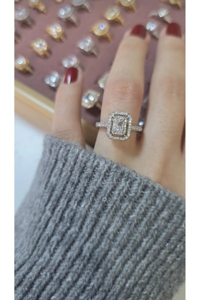 GUNESTAKI Premium Silver Taşlı Kare Tek Baget Yüzük Numarasız Ayarlanabilir, ...