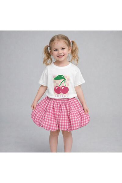 connemara Κοριτσίστικο Σετ με μπλουζάκι με στάμπα κεράσι και ροζ φούστα ποκικάρε