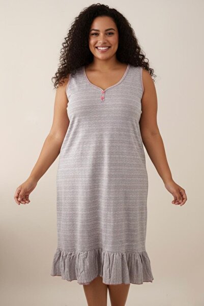 Flamingo Kadın Gri Pembe Puantiyeli Pamuklu Fırfırlı Sıfır Kol Rahat Kalıp El...