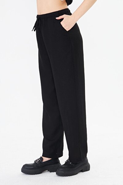 Sortie Women's High Waist Lace Detailed Linen Trousers Black