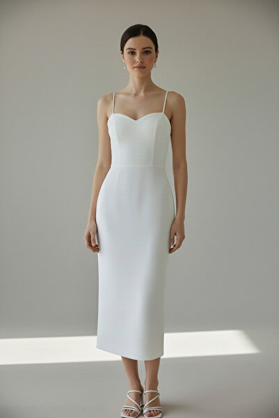 ENDAMIM Sweetheart Neckline Scuba Midi Dress Slim Fit Slit Zipper Wedding Wed...