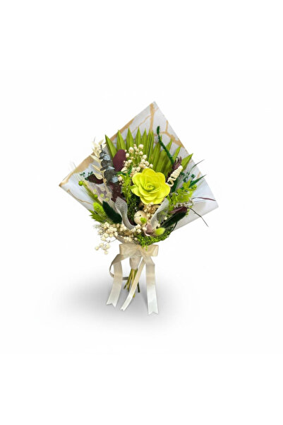 Eventissimi Buchet predominant verde ,din flori naturale uscate și stabilizate