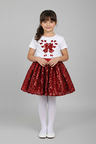FATELLA Girls' Red Bow T-Shirt Red Sequined Suit April 23Rd Show Outfit