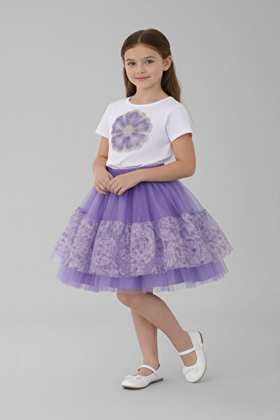 FATELLA Girl's Purple Tulle Skirt and Floral Applique T-Shirt Set April 23 Sh...
