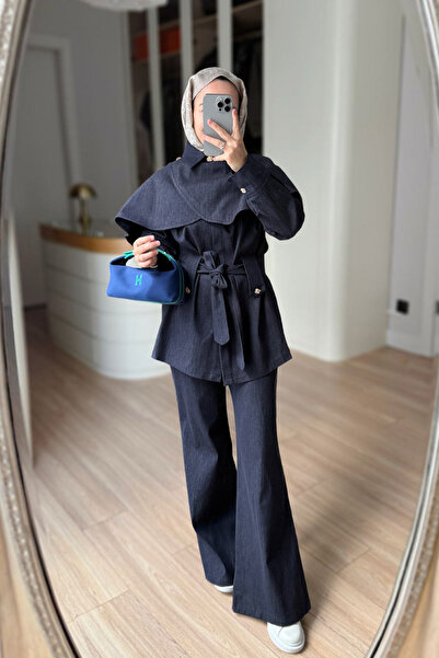 Ka Hijab Cape Denim Suit - Navy Blue