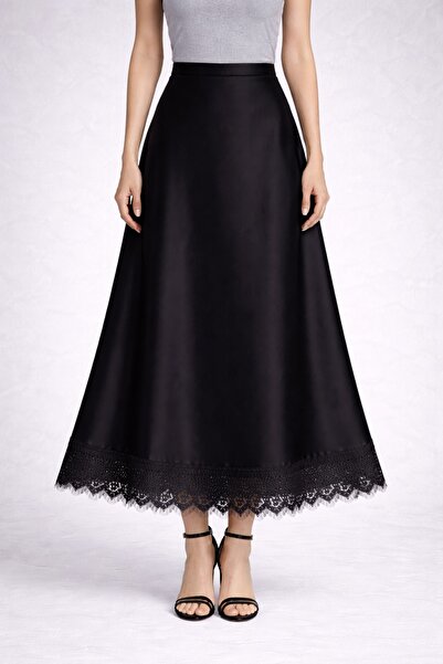 Moda Palmiss Fusta de damă neagră, cu detalii din dantelă, în formă de A, lun...