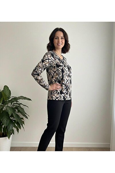 THEBEK Yumoş Velvety Suede Patterned Blouse Black Ground Pattern / Beige Black