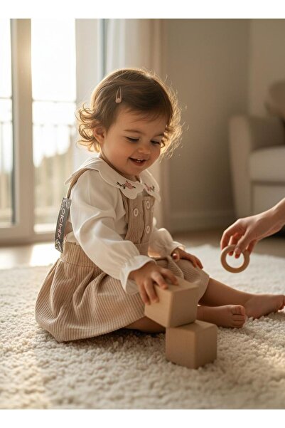 Aura Baby Kız Bebek Nakış Detaylı Salopet Elbise & Uzun Kollu Gömlek Takımı