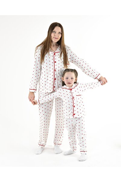 dolaş kids Mother-Daughter Heart Printed Pajama Set 3001
