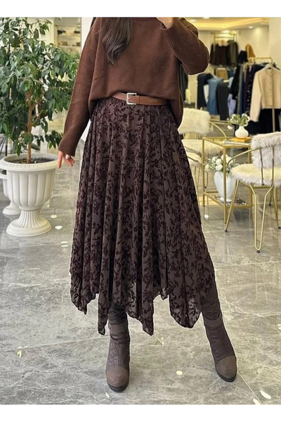 MADAME MELEK Flocked Printed Asymmetrical Lined Skirt with Elastic Waist