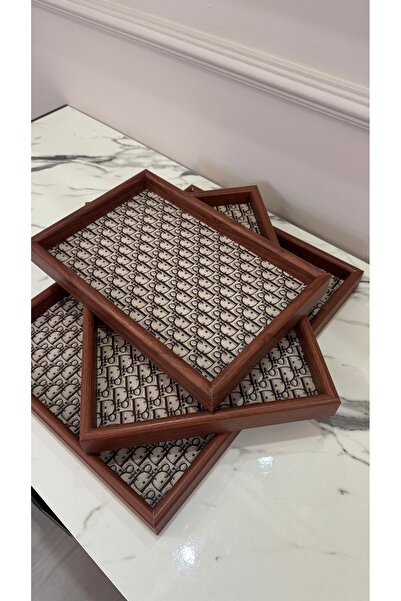 AslanExpress 3'lü Sunum Tepsi Set - Kahverengi Dekorlu