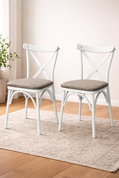 Atolye Casa Ekol Serisi 2 Adet Kahve Gri Keten Kumaş Mutfak Sandalyesi Beyaz ...