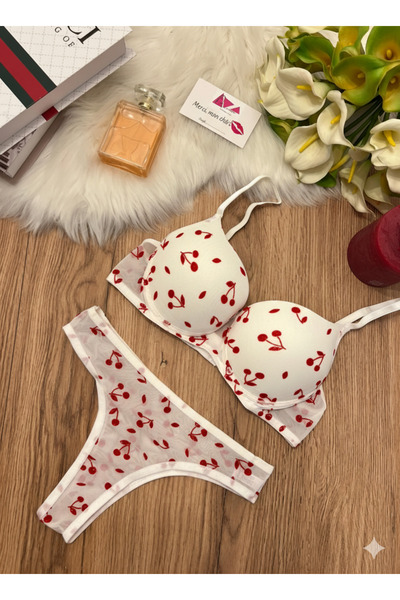 ohminishe Kiraz Baskılı Beyaz Sütyen Külot Takım