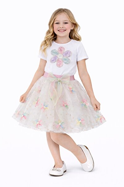 Nacar 23 Nisan 29 Ekim Gösteri Kıyafeti Kız Çocuk Pastel Çiçek Aplikeli Tül E...