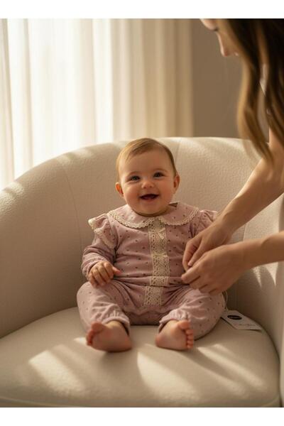 Aura Baby Kız Bebek Papatya Dantel Detaylı Uzun Kollu Tulum