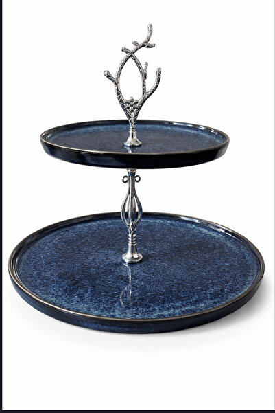 Jenisa 2 Katlı Mavi Seramik Sunum Standı – Gümüş Dal Detaylı Kek Pasta Sunumluk