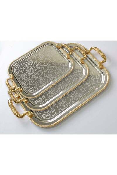 Bin Shihoun طقم صواني تقديم من الفولاذ المقاوم للصدأ من بن شيهون مكون من 3 قطع