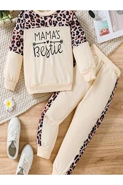 VESTIR BIEN Mama Bestıe Baskılı Bej Takım Üst Sweat Roba Leopar Desenli Alt Y...