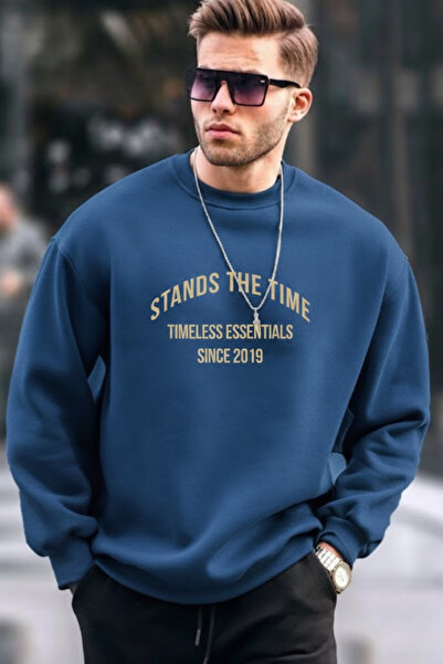 COMBİNE MİCHAİL Ανδρικό φούτερ με στάμπα Time σε άνετο μπλε χρώμα