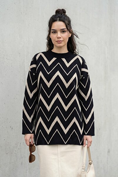 InStyle Zigzag Patterned Black Knitwear Sweater