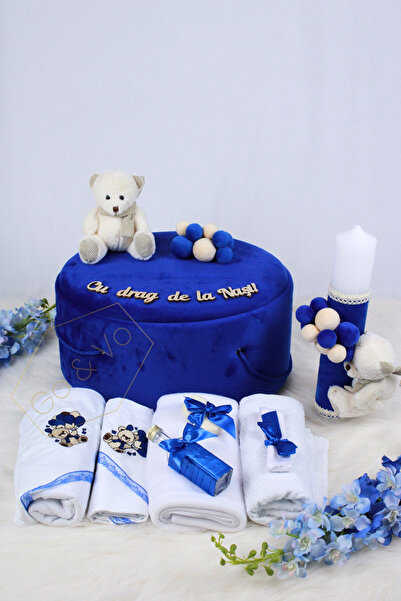GoVo Kids Set complet trusou botez Premium cu lumanare, Ursulet, Catifea – Tr...